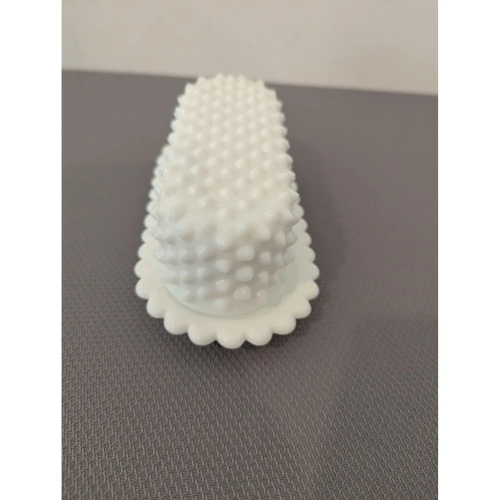 Vintage Fenton ? White Milk Glass Hobnail Butter Dish w/ Scalloped Tray 2 Piece